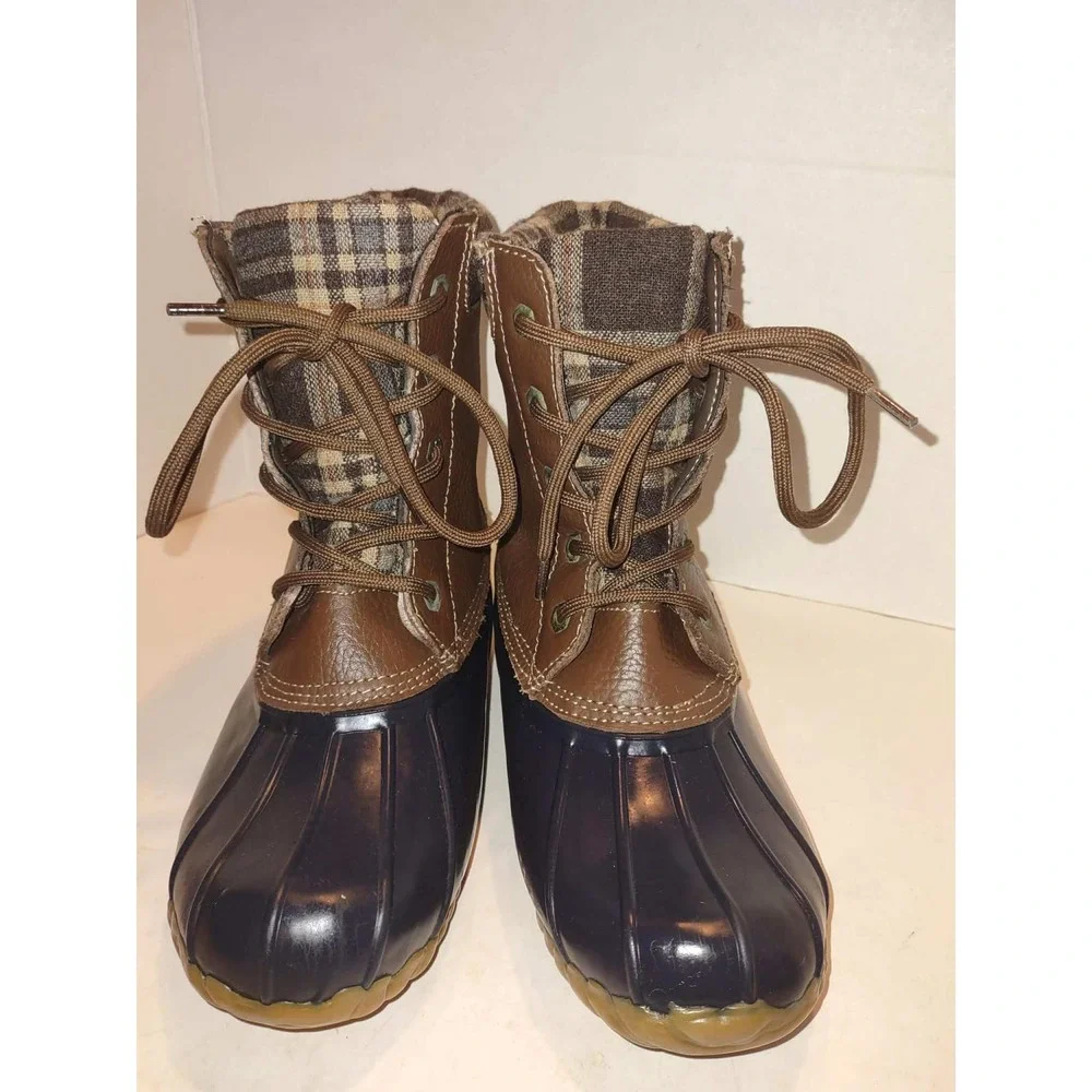 Sporto Womens Duck Boots Brown Leather Plaid Lined Size 6 Navy Lace Steel Shank